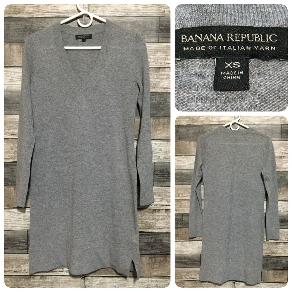 Banana Republic Sweater Dress Women’s XS Gray Merino Wool Blend V-Neck